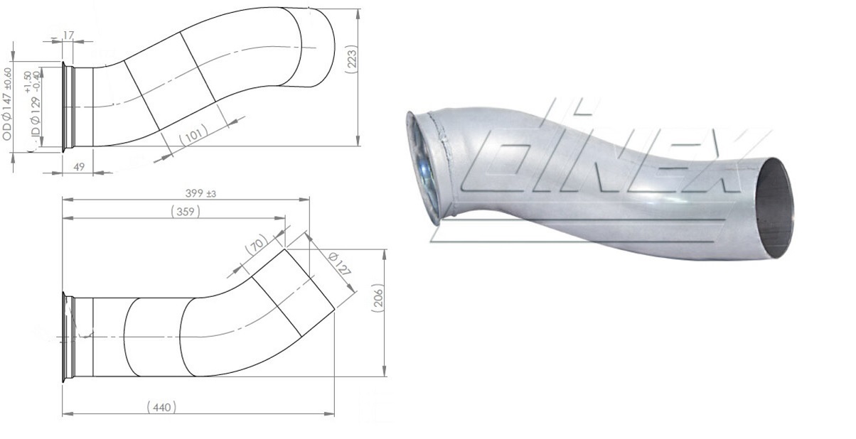 Trubka výfuku přední VOLVO FH12, FM-FM od 2005, RVI Magnum DXi12 - verze Low Cost