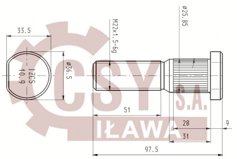 Šroub kolový M22x1,5x97,5 SMB, TRAILOR, FRUEHAUF