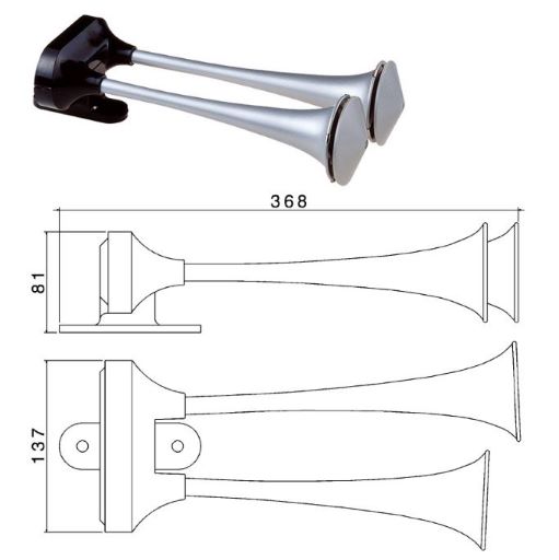 Houkačka vzduchová 12V/24V fanfára 2 tónová TC/2PV 368mm/ 415 Hz/392 Hz, 118dB