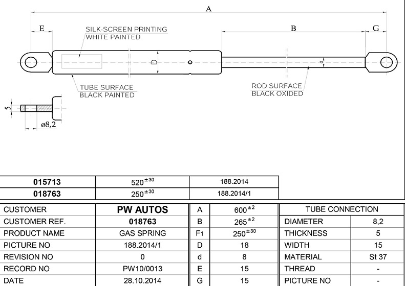 Vzpěra plynová přední masky 250N/610mm VOLVO F10, F12, F16