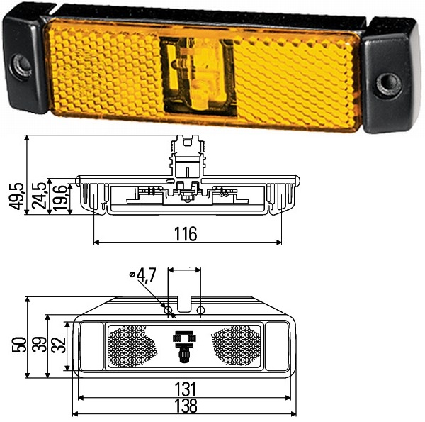 Svítilna poziční 24V 131x32mm LED oranžová, na šrouby, kabel