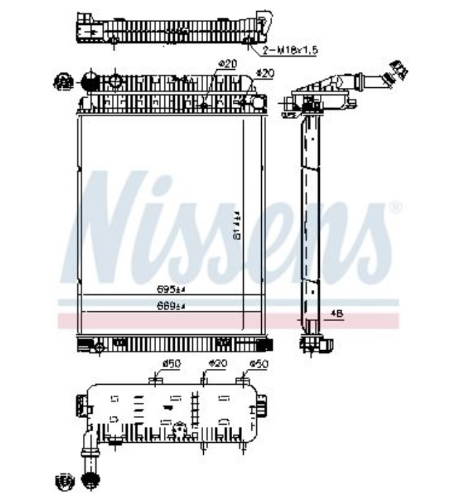 Chladič vody 815x668x42 bez rámu MERCEDES Atego, Actros OM902/906/926 od 1998 do 2004