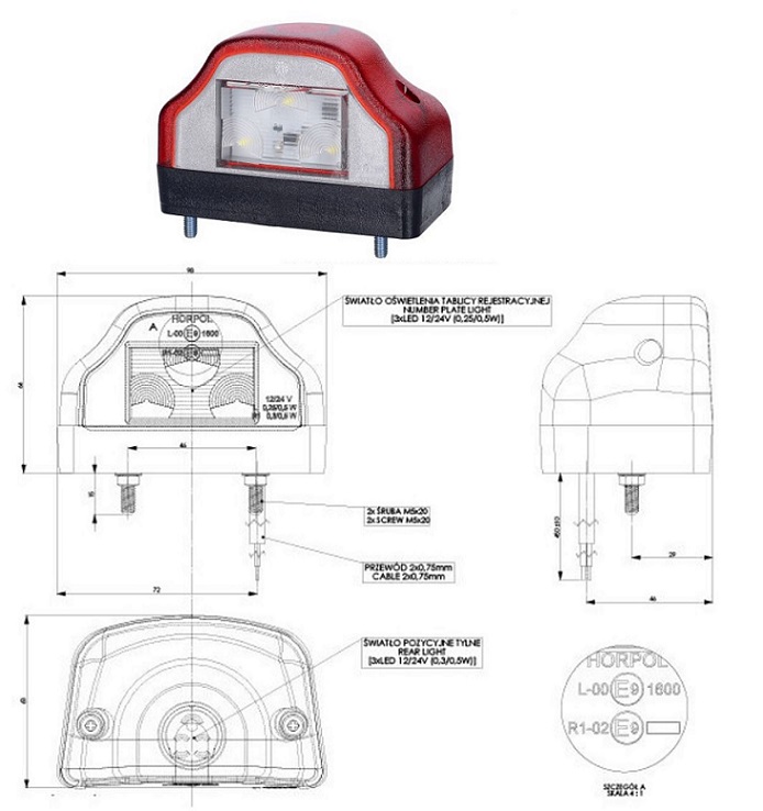 Osvětlení SPZ boční 12V/24V 6xLED, červené, kabel 0,25m