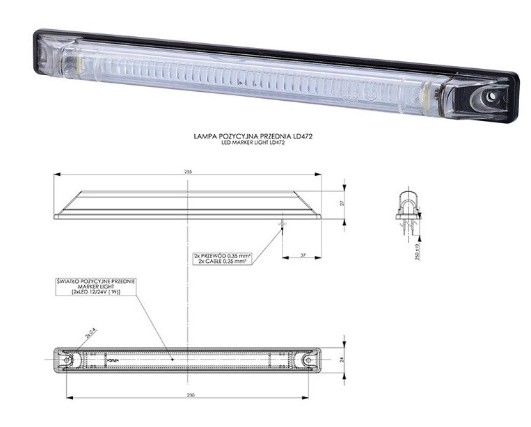 Svítilna poziční 12V/24V 0,5/1W LED bílá, kabel 0,25m