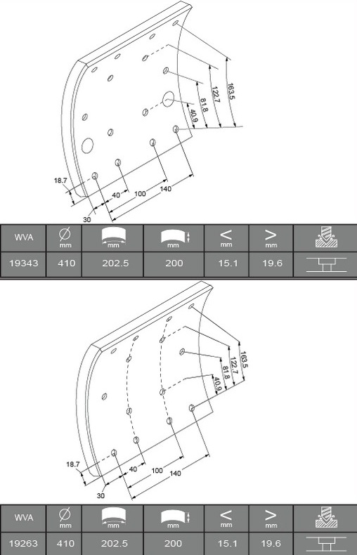 Obložení brzdové 19263.0/19343.0 Textar 200x410 IVECO E.Star, E.Trakker, E.Tech
