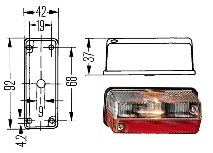 Svítilna poziční č/b s průchodkou 24V/T4W 42x68x37