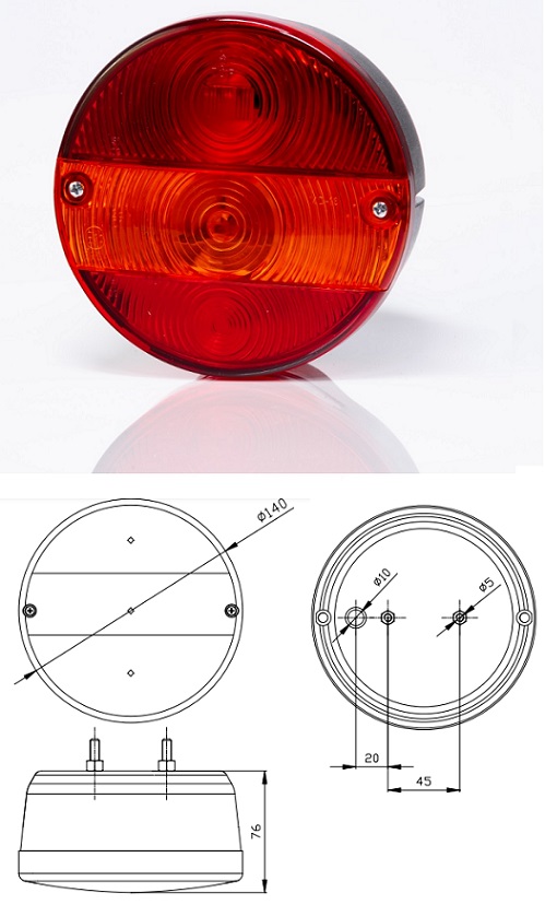 Svítilna zadní 3-dílná P (P21W/R10W) pr.140x76mm bez osvětlení SPZ, bez kabelu