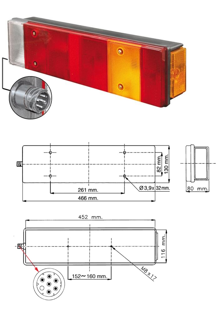 Svítilna zadní 7-dílná 452x116 P MAN F2000, DAF 95XF, 95