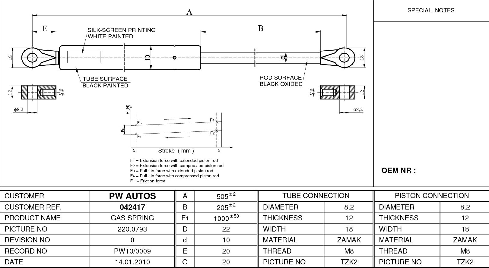 Vzpěra plynová O/O 1000N/485mm /zdvih 195mm