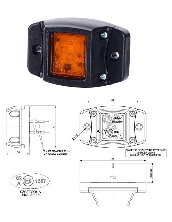 Svítilna poziční 12V/24V 0,3/0,6W 3xLED oranžová, kabel 0,23m