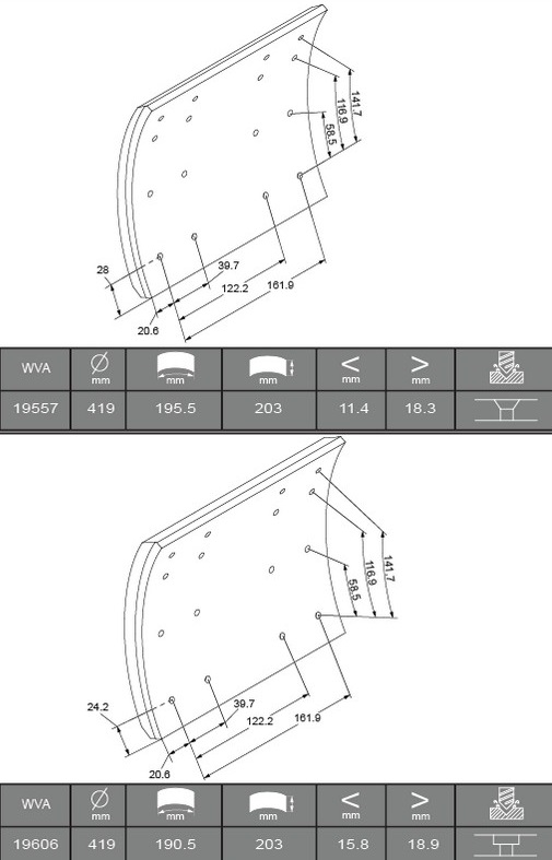 Obložení brzdové 19557,19606 Textar 203x419 ZN SMB Trailor A1800/A1880/A2020,A2040