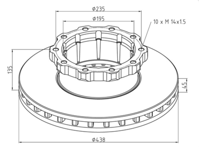 Kotouč brzdový 438x45x135 PN/ZN MERCEDES O303, O304, Tourismo