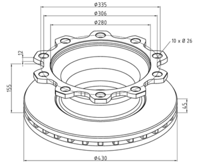 Kotouč brzdový 430x45x155 s kroužkem ABS SMB A2020 D1-09,Knorr SB/SN7,Haldex DB20,Wabco