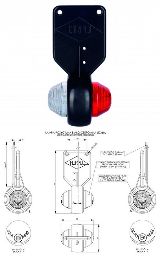 Svítilna poziční 12V/24V 0,8/1,6W 2xLED č/b na gumě, kabel 0,25m