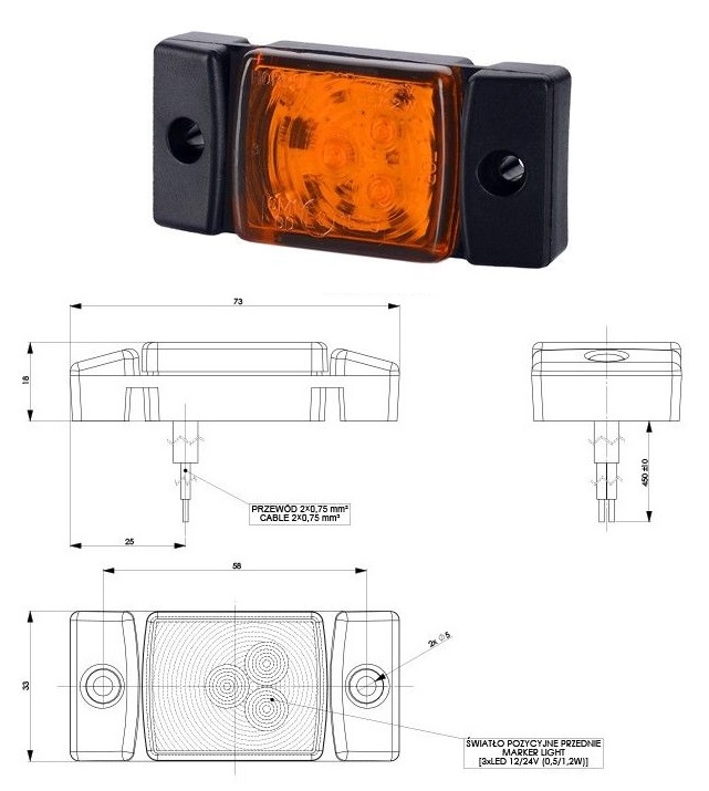 Svítilna poziční 12V/24V 0,5/1,2W 3xLED oranžová, kabel 0,45m