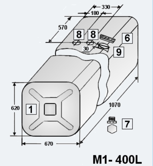 Nádrž paliva 400 l /620x670x1070 bez zátky MAN