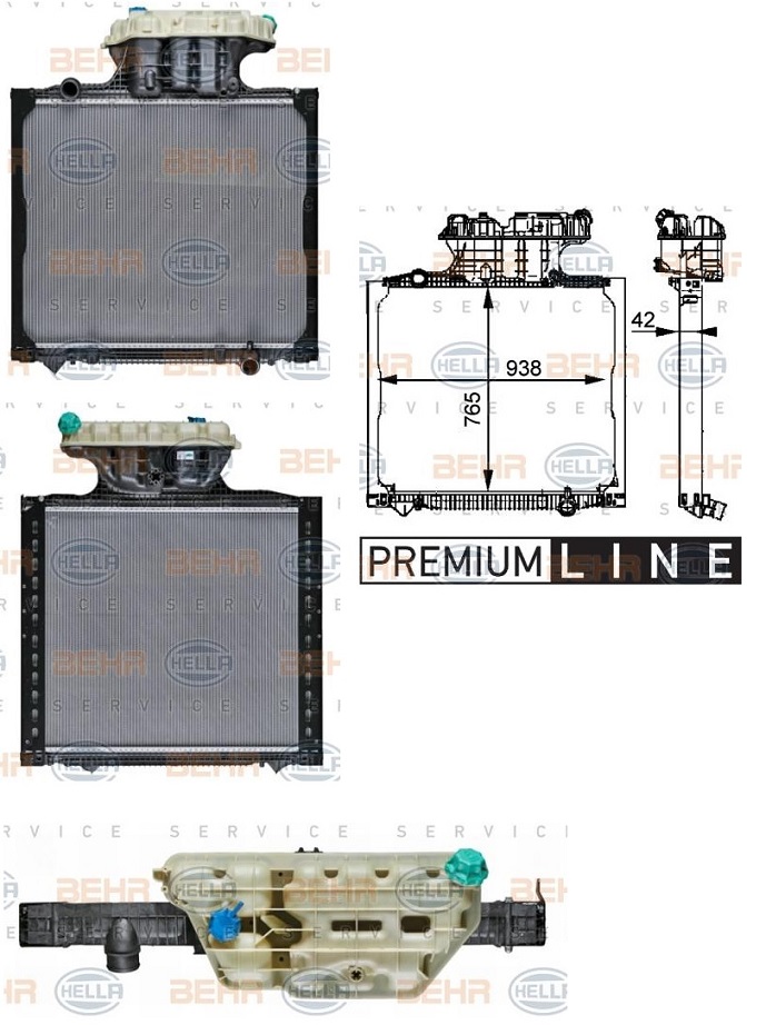 Chladič vody 765x938x42 s expanzní nádrží MAN TGA od 04.2000,TGS/TGX od 2007