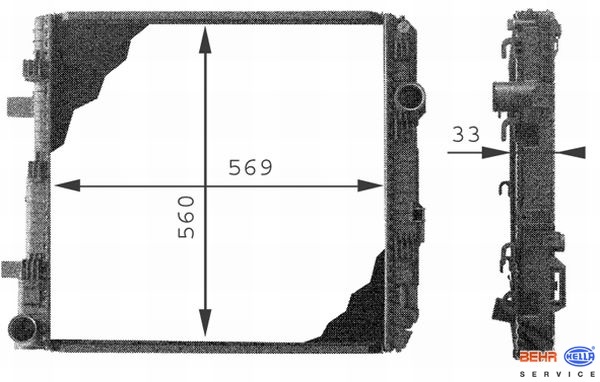 Chladič vody 570x560x33 bez rámu MERCEDES Atego 904.922 od 01.1998 do 10.2004 