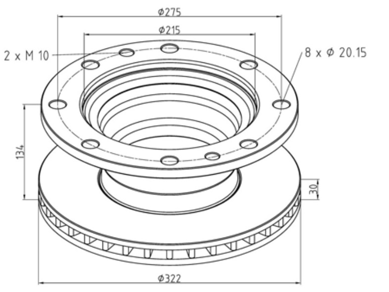 Kotouč brzdový 322x30x134 IVECO E.Cargo 75E,80E,85E,100E D3HA1 bez kroužku ABS