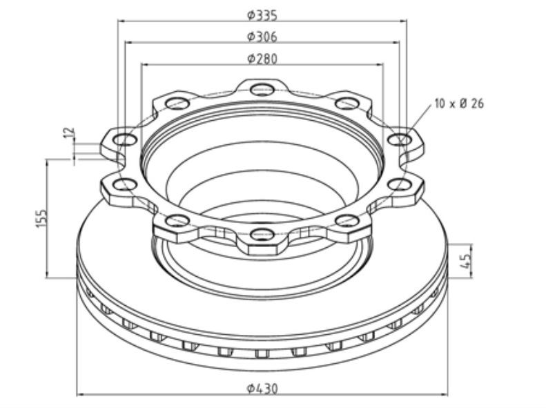 Kotouč brzdový 430x45x155 s kroužkem ABS PN/ZN SMB, FRUEHAUF