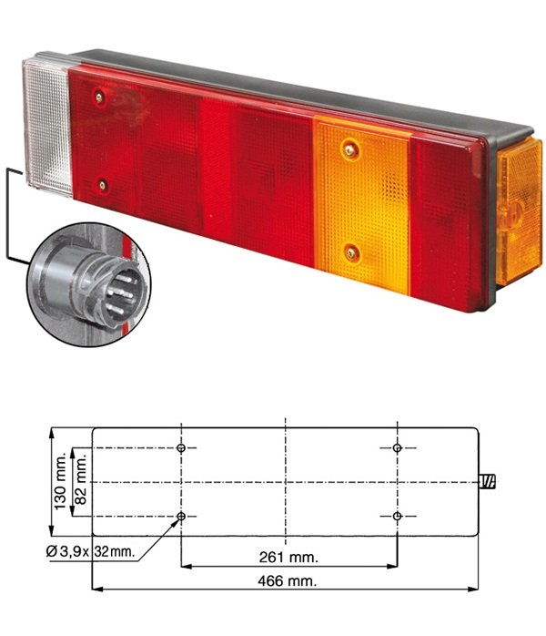 Svítilna zadní 7-dílná 452x116 s osvětlením SPZ L MAN F2000, DAF 95XF, 95