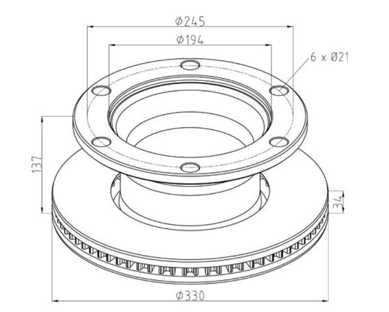 Kotouč brzdový 330x34x137 s kroužkem ABS RVI Midlum