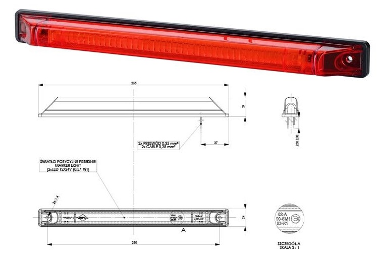 Svítilna poziční 12V/24V 0,5/1W LED červená, kabel 0,25m