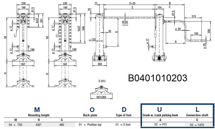 Noha podpěrná návěsu 750x430 JOST modul B0401/ podpěra typ "S"