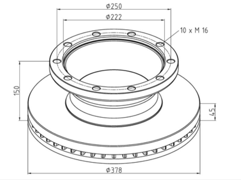 Kotouč brzdový 378x45x150 s kroužkem ABS PN/ZN MERITOR, ROR, ROCKWELL DX 195/ELSA-2