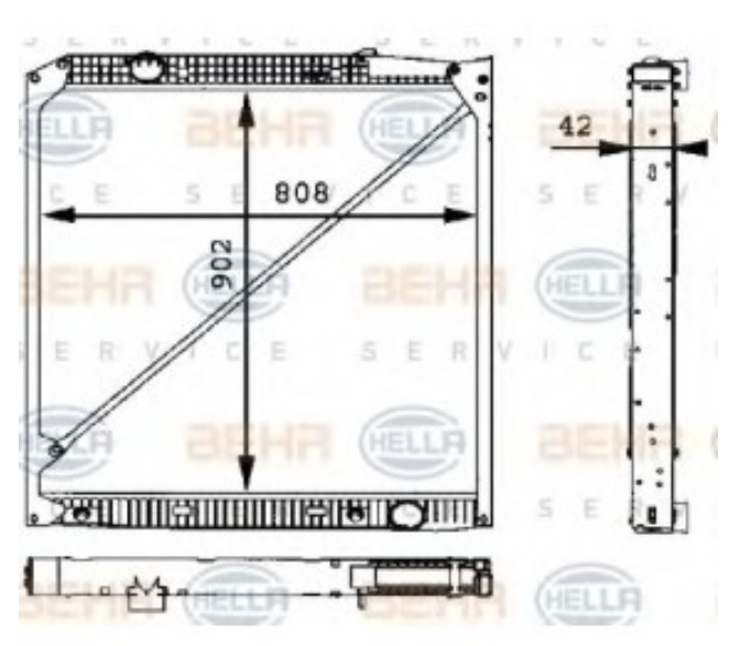 Chladič vody 902x808x42 s rámem MERCEDES Actros MP1 do 2002, Actros MP2/MP3 od 2002