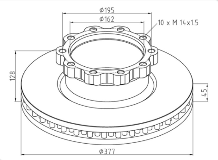 Kotouč brzdový 377x45x128 PN/ZN MAN TGM,TGS,TGX,M2000,L2000,M2000M