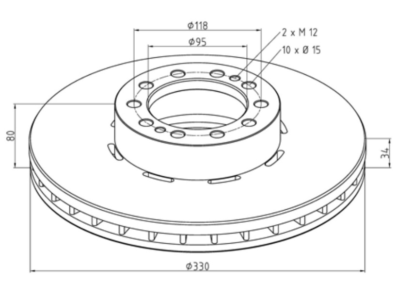 Kotouč brzdový 330x34x80 bez kroužku ABS PN RVI Midlum DXI, Wabco 17,5"