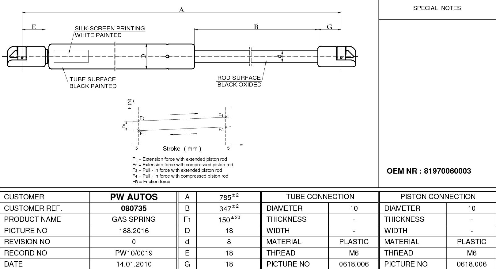 Vzpěra plynová 785mm/150N přední masky MAN TGA,TGL,TGS