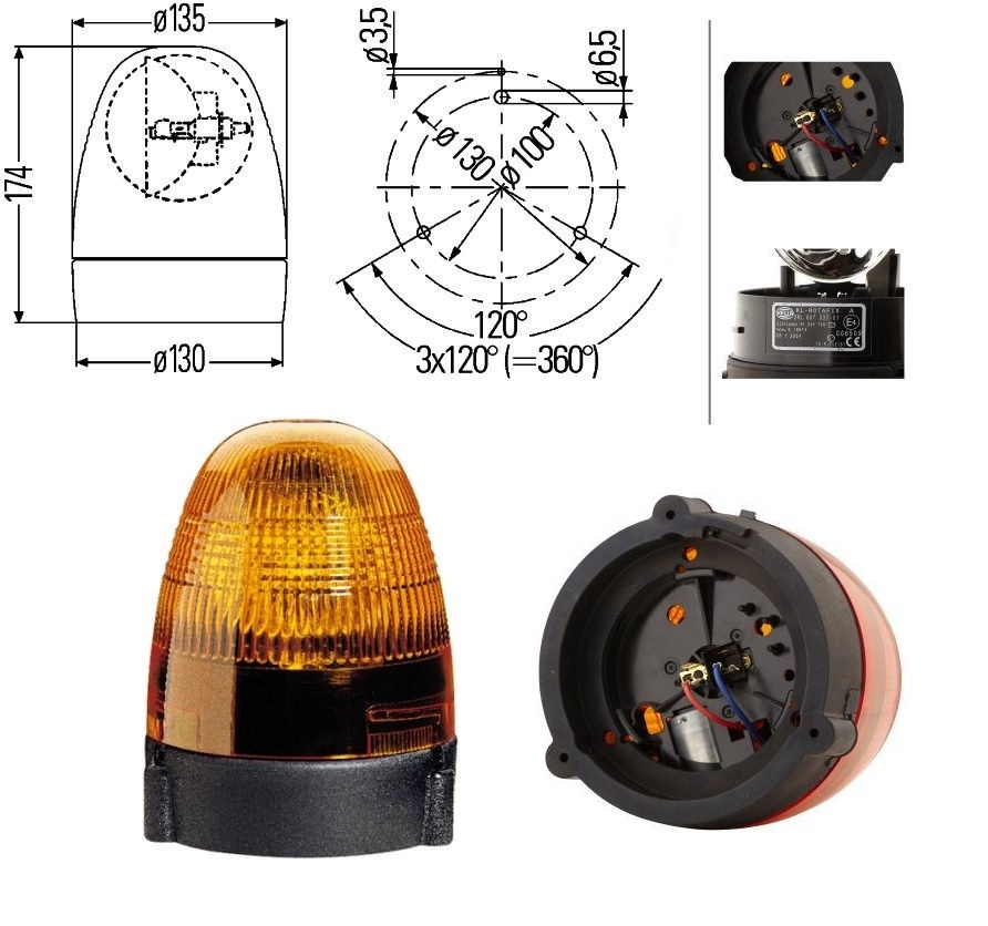 Maják výstražný rotační 24V/H1 70W, oranžový, pevná montáž