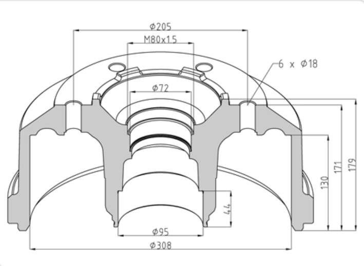 Buben brzdový 308x179 PN MERCEDES LK, O814, O817