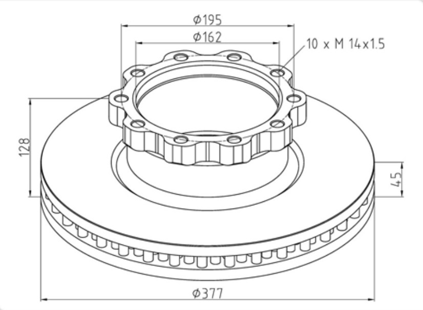 Kotouč brzdový 377x45x128 PN/ZN MAN TGM,TGS,TGX,M2000,L2000,M2000M