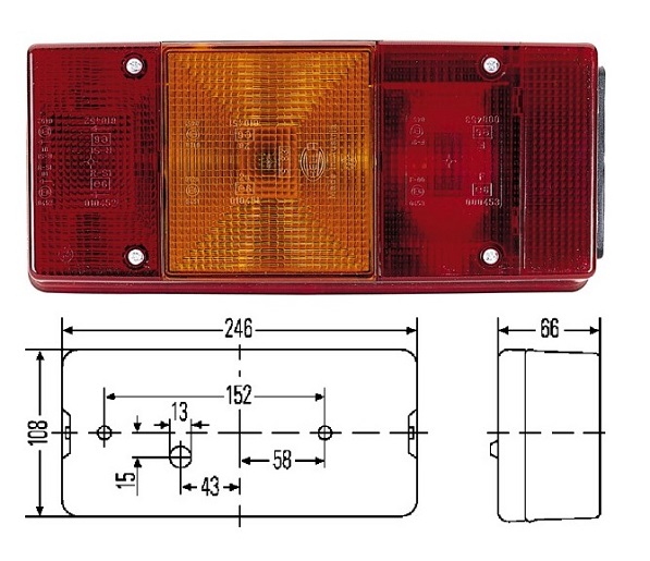 Svítilna zadní 5-dílná s osvětlením SPZ L 12V  (P21/5W/P21W/R10W )