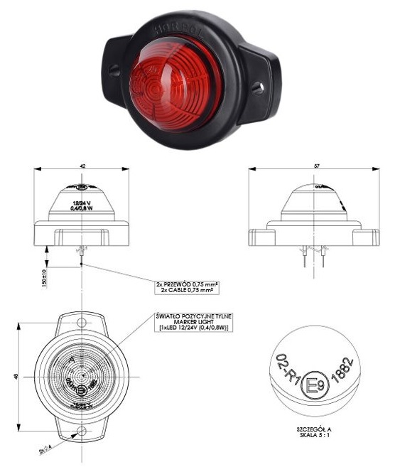 Svítilna poziční 12V/24V 0,4/0,8W LED červená, kabel 0,15m