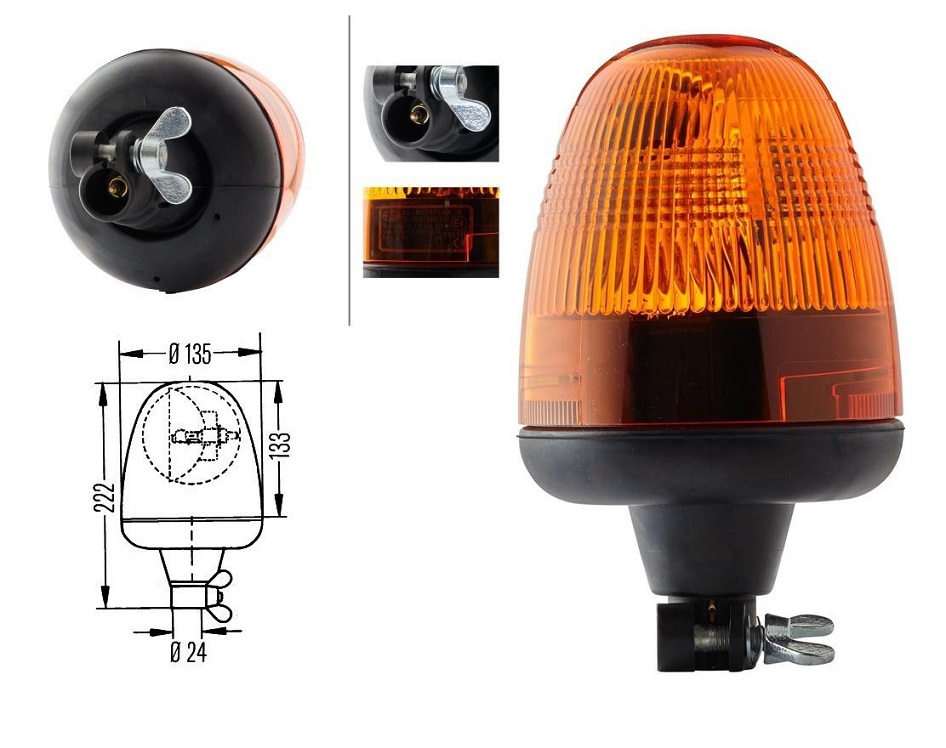 Maják výstražný rotační 12V/H1 oranžový, bez kloubu, na trubku