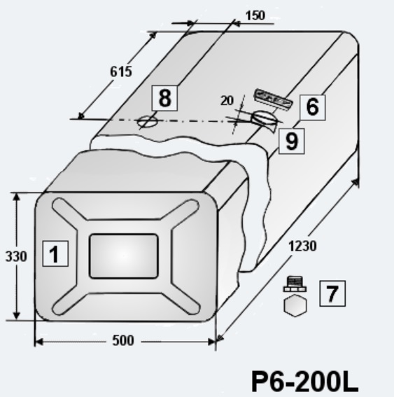 Nádrž paliva 200 l /330x500x1230 Fe MITSUBISHI, HINO, MERCEDES Atego