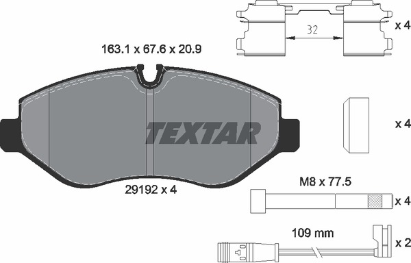 Deska brzdová 29192 Textar 163,3x67,1x20,8 PN MERCEDES Sprinter, Vito, FIAT Ducat