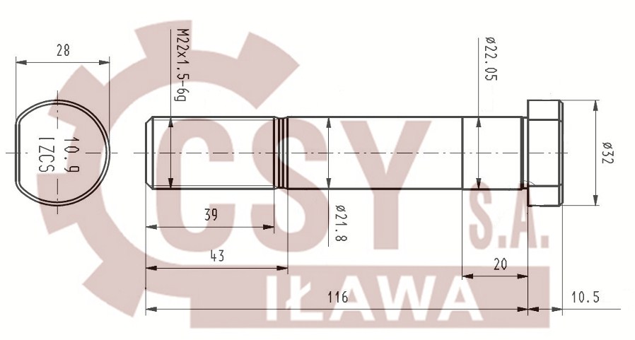 Šroub kolový M22*1,5*115*125,5