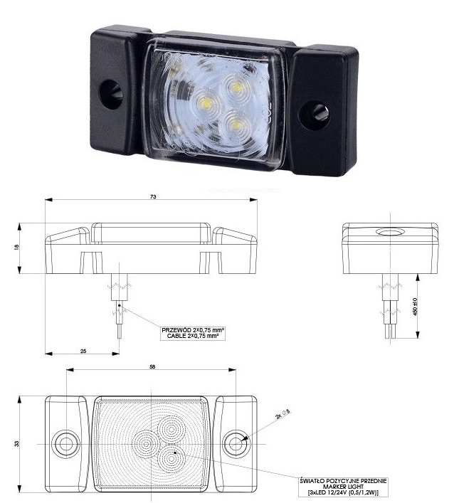 Svítilna poziční 12V/24V 0,5/1,2W 3xLED bílá, kabel 0,45m