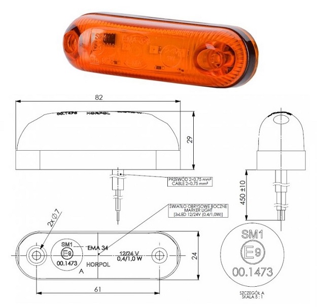 Svítilna poziční 12V/24V 0,4/1,0W 3xLED oranžová, bez držáku, kabel 0,45m