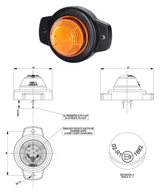 Svítilna poziční 12V/24V 0,4/0,8W LED oranžová, kabel 0,15m
