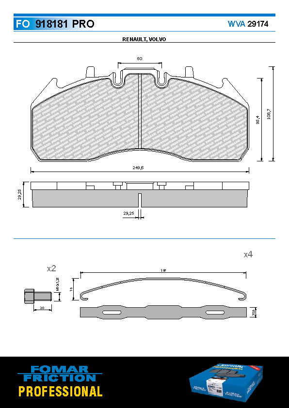 Deska brzdová 29174 Fomar 249x108x29 RVI C/T serie od 2013 VOLVO FE II 2013, FE-FE