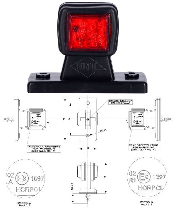 Svítilna poziční - tykadlo P 12V/24V 0,5/1W 6xLED č/b, kabel 0,4m