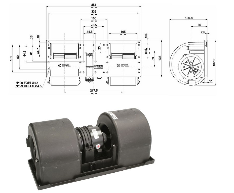 Ventilátor topení dvojitý 24V bez regulace SOLARIS Urbino, SETRA S 215 