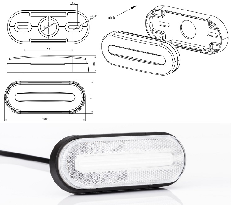 Svítilna poziční 12V/24V LED bílá s odrazkou, kabel 0,25 m