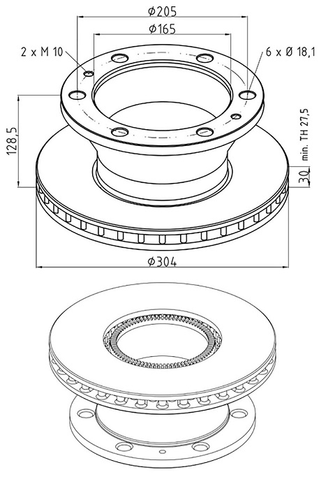 Kotouč brzdový 304x30x128,5 s kroužkem ABS PN/ZN L/P IVECO E.Cargo 60E14/16/18